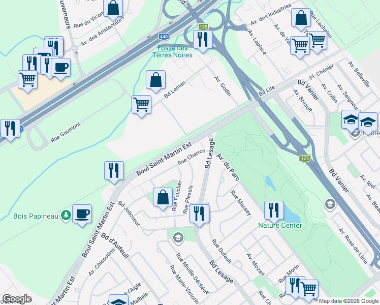 map of restaurants, bars, coffee shops, grocery stores, and more near 3653 Rue Charron in Laval