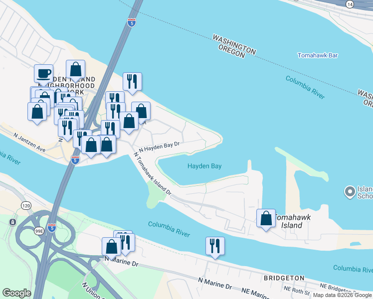 map of restaurants, bars, coffee shops, grocery stores, and more near 404 North Hayden Bay Drive in Portland