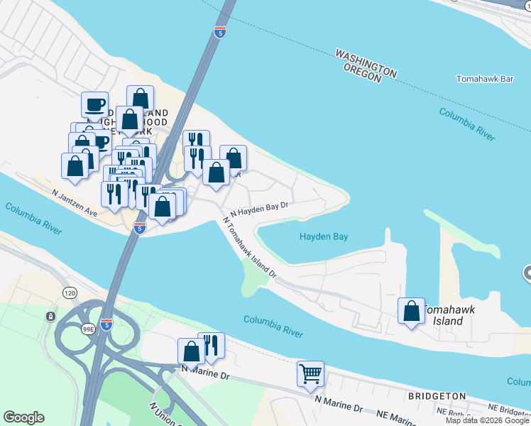 map of restaurants, bars, coffee shops, grocery stores, and more near 550 North Hayden Bay Drive in Portland