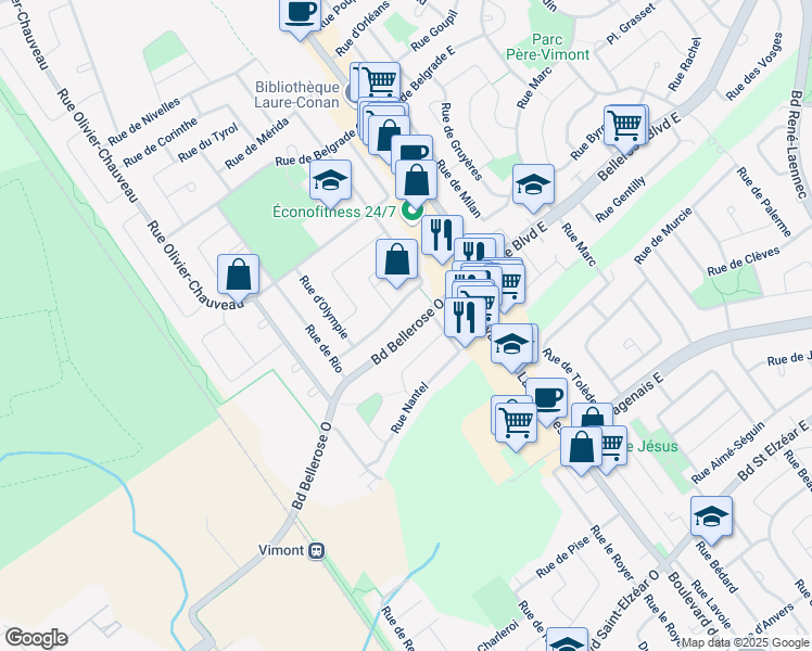 map of restaurants, bars, coffee shops, grocery stores, and more near 31 Boulevard Bellerose Ouest in Laval