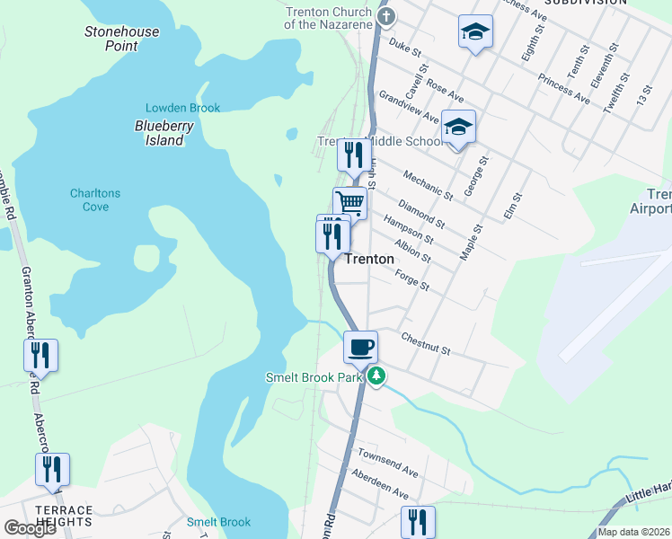 map of restaurants, bars, coffee shops, grocery stores, and more near 102 Main Street in Trenton