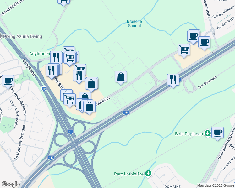 map of restaurants, bars, coffee shops, grocery stores, and more near 5760 Boulevard Robert-Bourassa in Laval