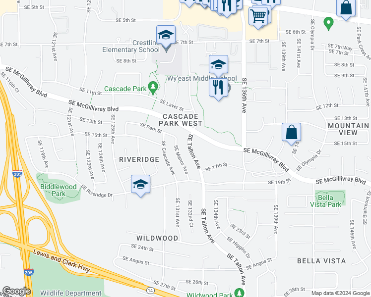 map of restaurants, bars, coffee shops, grocery stores, and more near 1520 Southeast Talton Avenue in Vancouver