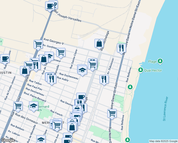 map of restaurants, bars, coffee shops, grocery stores, and more near 2585 Avenue Bilaudeau in Montréal