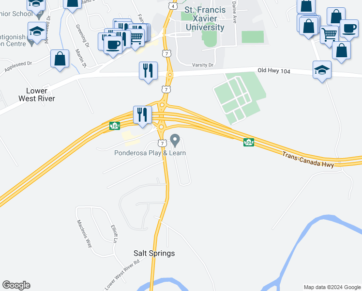 map of restaurants, bars, coffee shops, grocery stores, and more near 16 Heritage Drive in Antigonish