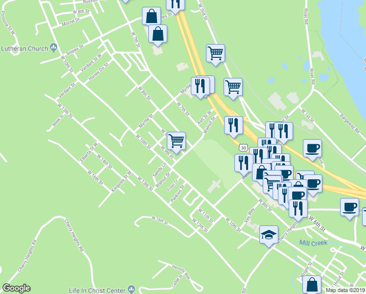 map of restaurants, bars, coffee shops, grocery stores, and more near 2108 West 8th Street in The Dalles