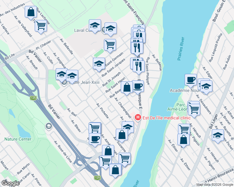 map of restaurants, bars, coffee shops, grocery stores, and more near 4878 Rue Beausoleil in Laval