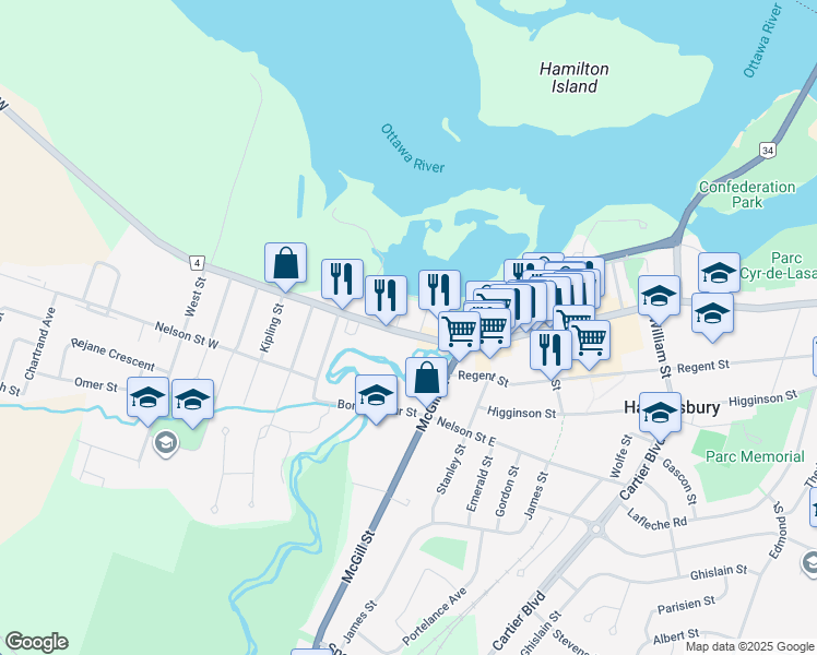 map of restaurants, bars, coffee shops, grocery stores, and more near 119 Main Street West in Hawkesbury