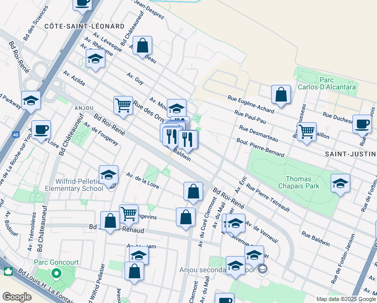 map of restaurants, bars, coffee shops, grocery stores, and more near 6546 Avenue Azilda in Montréal