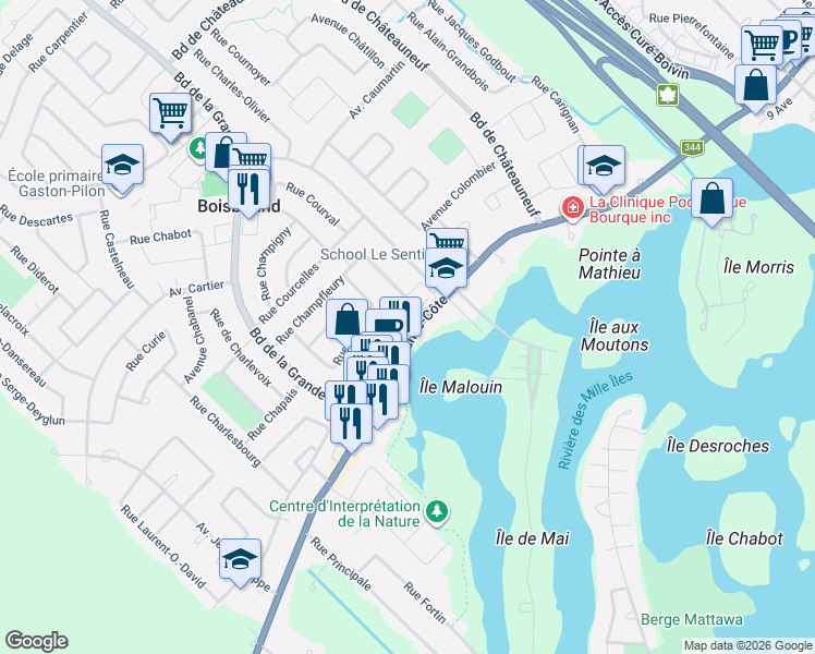 map of restaurants, bars, coffee shops, grocery stores, and more near 324 Croissant Corno in Boisbriand