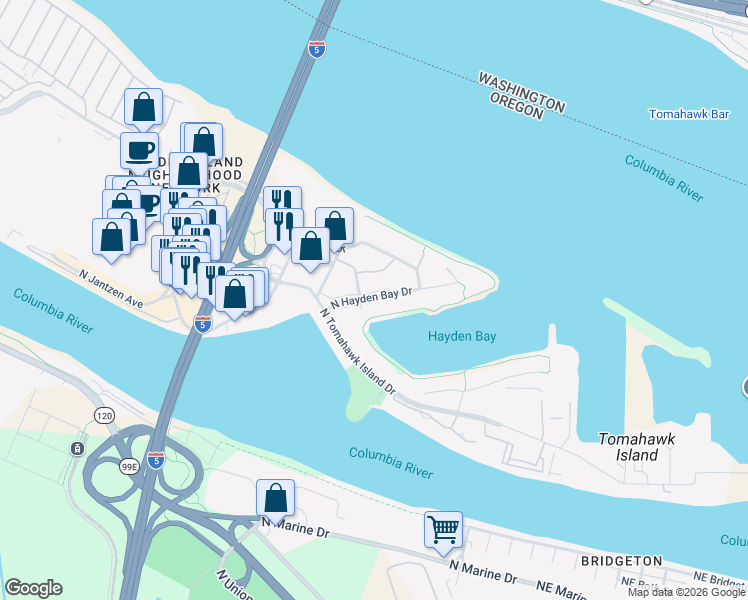 map of restaurants, bars, coffee shops, grocery stores, and more near 550 North Hayden Bay Drive in Portland