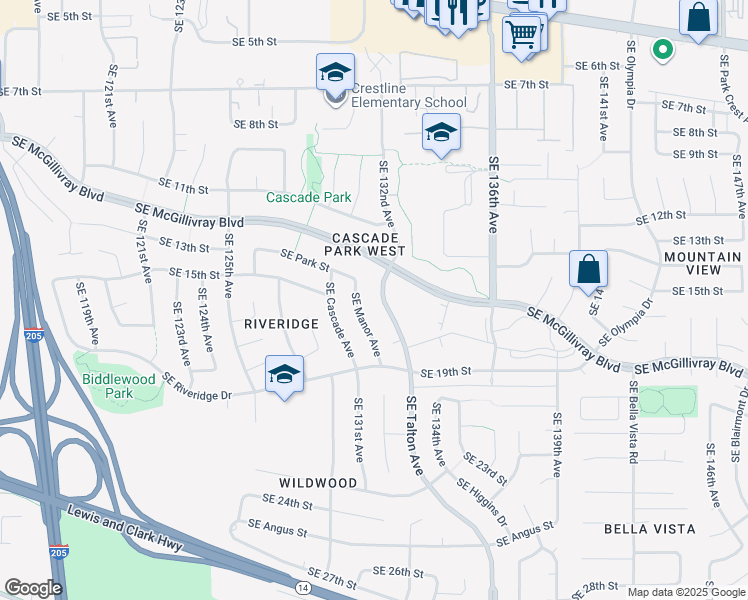 map of restaurants, bars, coffee shops, grocery stores, and more near 1409 Southeast Manor Avenue in Vancouver