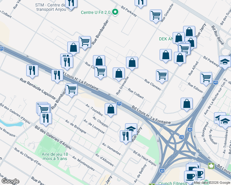 map of restaurants, bars, coffee shops, grocery stores, and more near 7711 Rue Grenache in Montréal