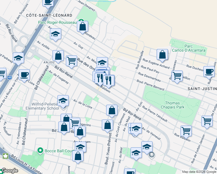 map of restaurants, bars, coffee shops, grocery stores, and more near 6548 Avenue Azilda in Montréal
