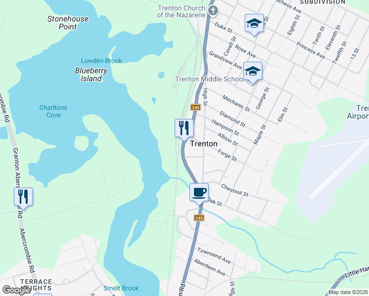 map of restaurants, bars, coffee shops, grocery stores, and more near 102 Main Street in Trenton