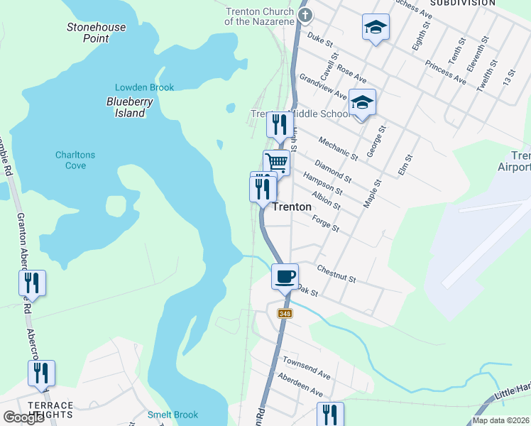 map of restaurants, bars, coffee shops, grocery stores, and more near 102 Main Street in Trenton