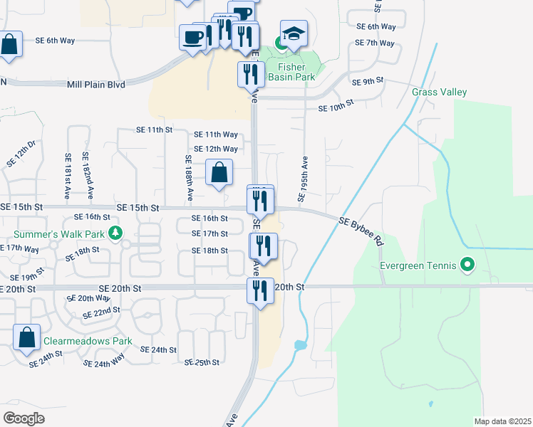 map of restaurants, bars, coffee shops, grocery stores, and more near 19323 Southeast 14th Way in Camas