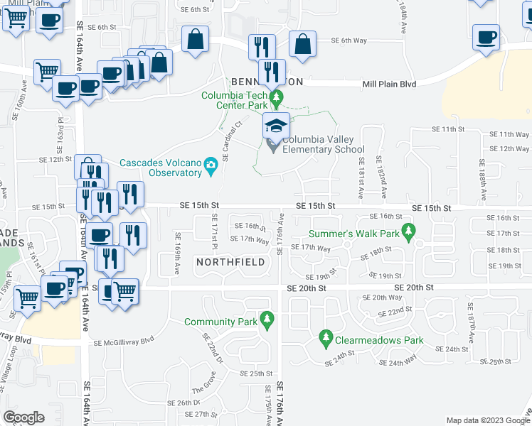 map of restaurants, bars, coffee shops, grocery stores, and more near 17505 Southeast 16th Circle in Vancouver