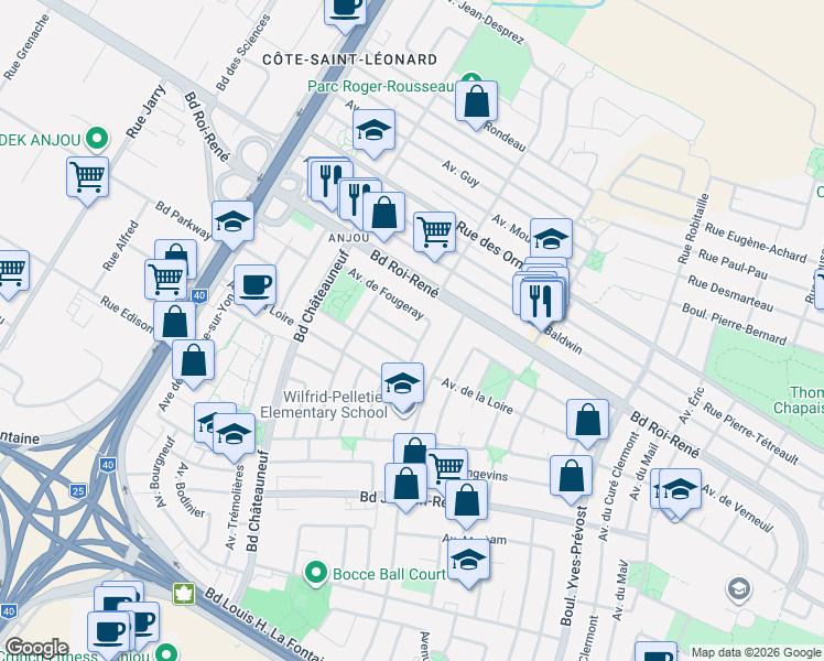 map of restaurants, bars, coffee shops, grocery stores, and more near 7281 Avenue d'Argenton in Montréal