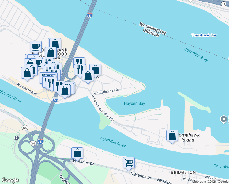 map of restaurants, bars, coffee shops, grocery stores, and more near 438 North Hayden Bay Drive in Portland