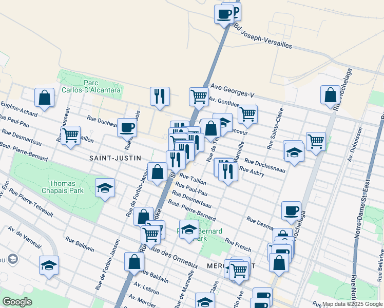 map of restaurants, bars, coffee shops, grocery stores, and more near 9280 Rue Sherbrooke Est in Montréal