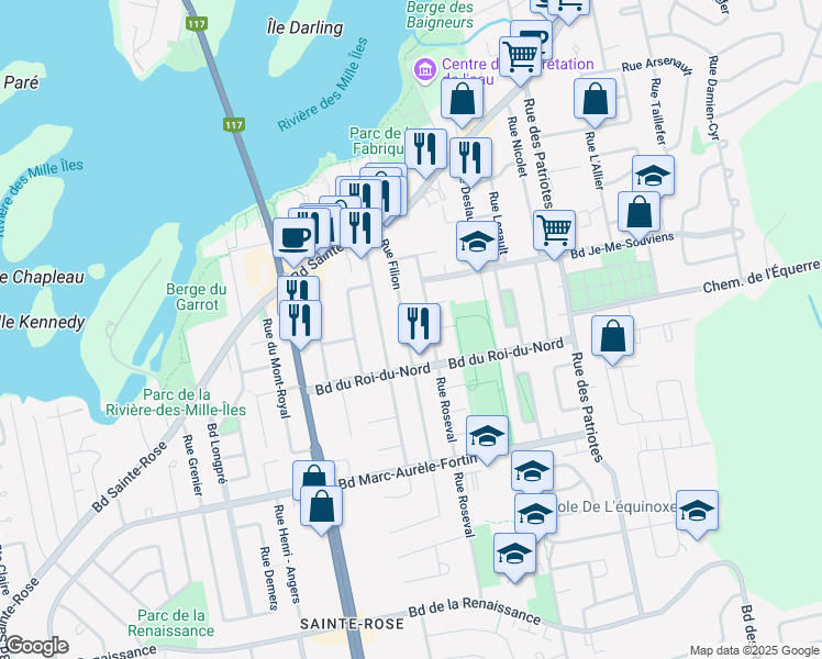 map of restaurants, bars, coffee shops, grocery stores, and more near 144 Rue Filion in Laval