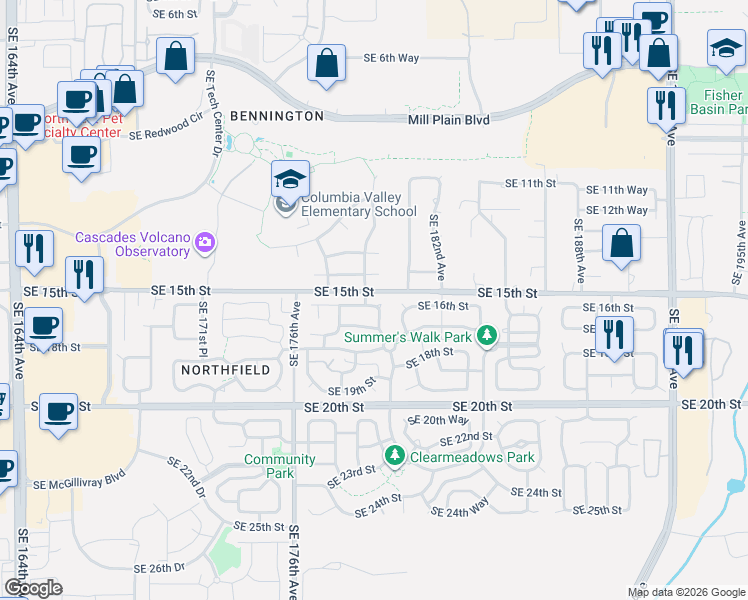 map of restaurants, bars, coffee shops, grocery stores, and more near 17910 Southeast 16th Street in Vancouver