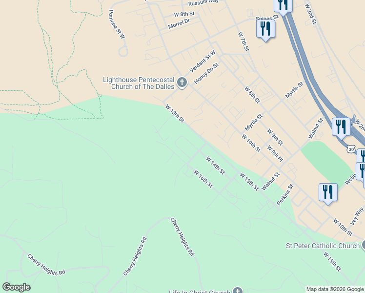 map of restaurants, bars, coffee shops, grocery stores, and more near 2425 West 15th Street in The Dalles