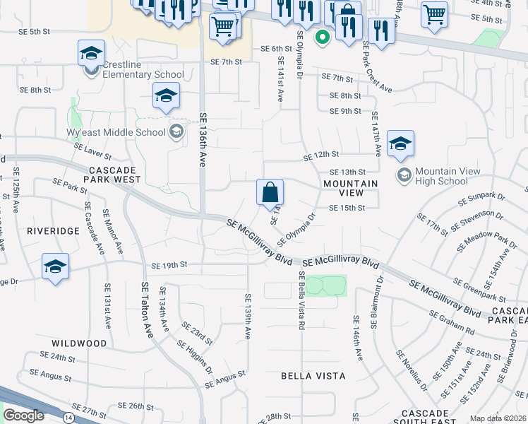 map of restaurants, bars, coffee shops, grocery stores, and more near 1509 Southeast 140th Court in Vancouver