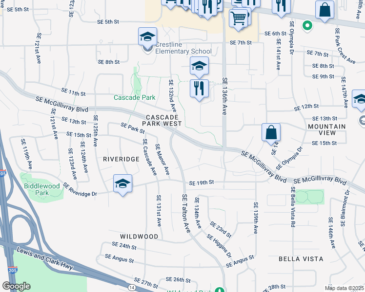 map of restaurants, bars, coffee shops, grocery stores, and more near 13302 Southeast McGillivray Boulevard in Vancouver
