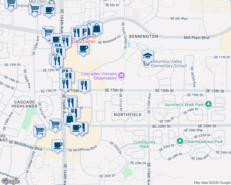map of restaurants, bars, coffee shops, grocery stores, and more near 17004 Southeast 16th Street in Vancouver