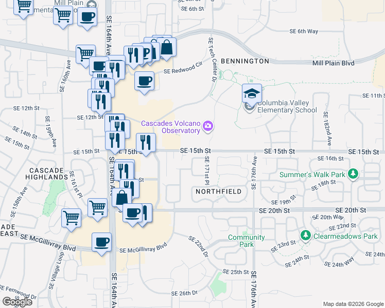 map of restaurants, bars, coffee shops, grocery stores, and more near 17000 Southeast 16th Street in Vancouver