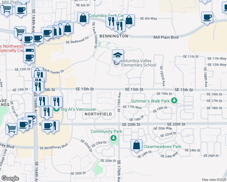 map of restaurants, bars, coffee shops, grocery stores, and more near 17501 Southeast 16th Circle in Vancouver