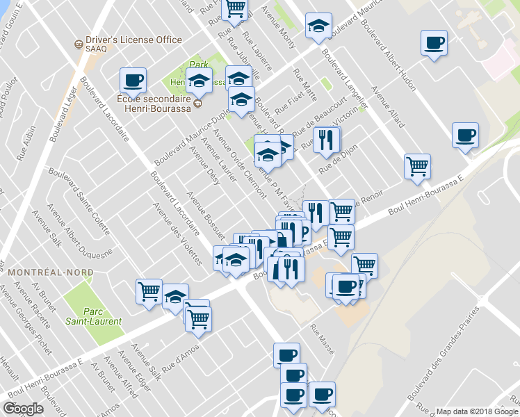 map of restaurants, bars, coffee shops, grocery stores, and more near 11543 Avenue Laurier in Montréal