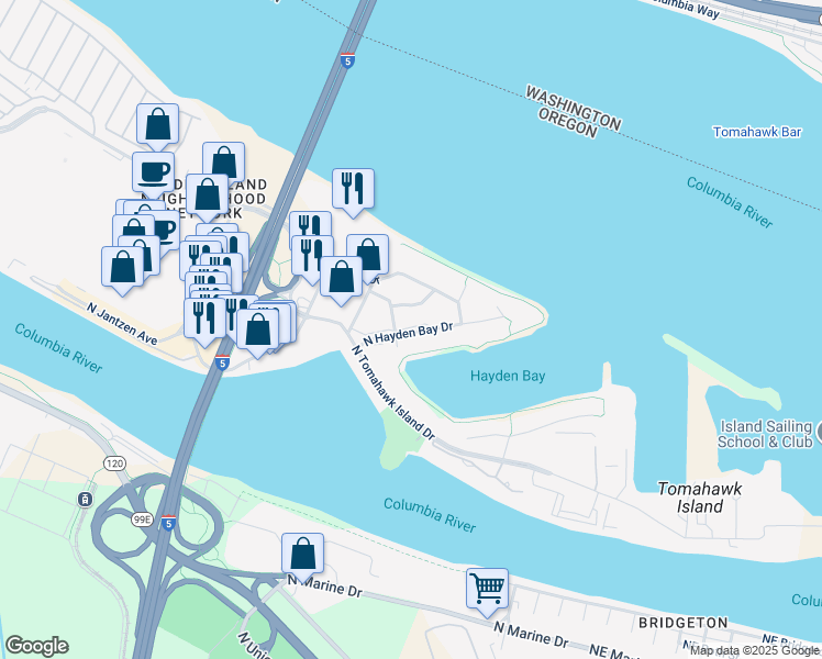 map of restaurants, bars, coffee shops, grocery stores, and more near 303 North Hayden Bay Drive in Portland