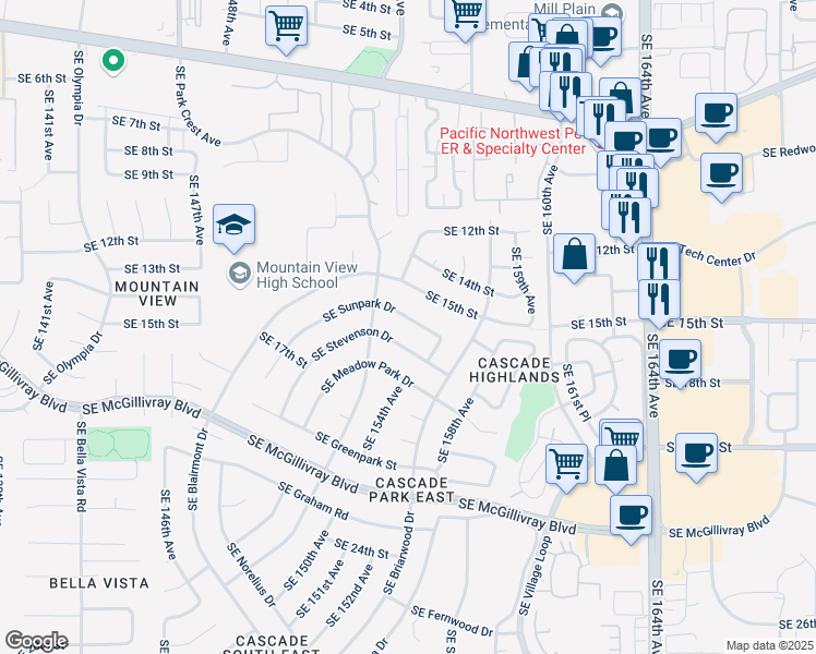 map of restaurants, bars, coffee shops, grocery stores, and more near 15404 Southeast Sunpark Drive in Vancouver