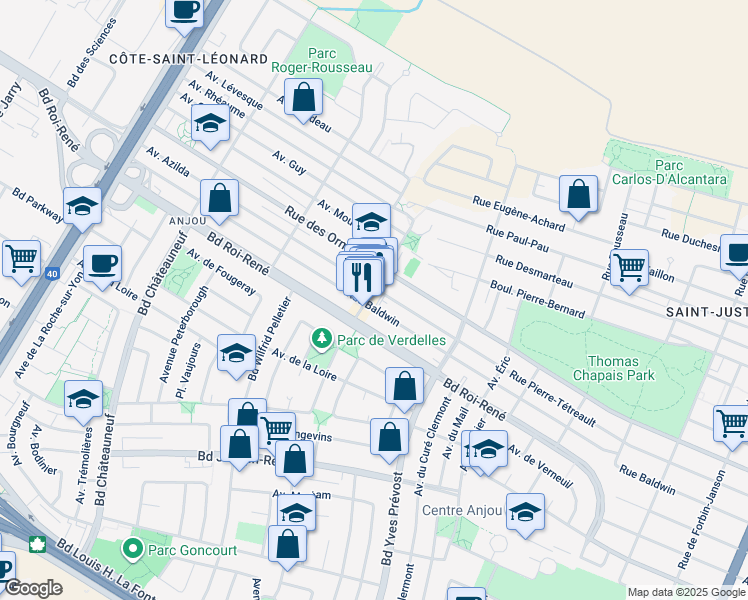 map of restaurants, bars, coffee shops, grocery stores, and more near in Montreal