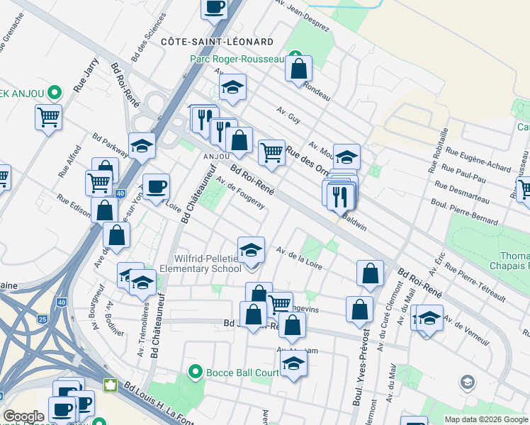 map of restaurants, bars, coffee shops, grocery stores, and more near 7242 Avenue de Fougeray in Montréal