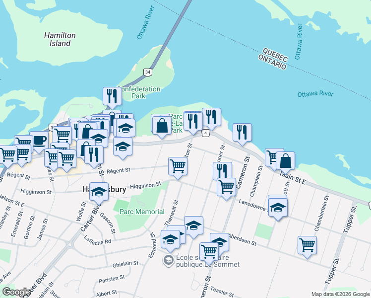 map of restaurants, bars, coffee shops, grocery stores, and more near in Hawkesbury