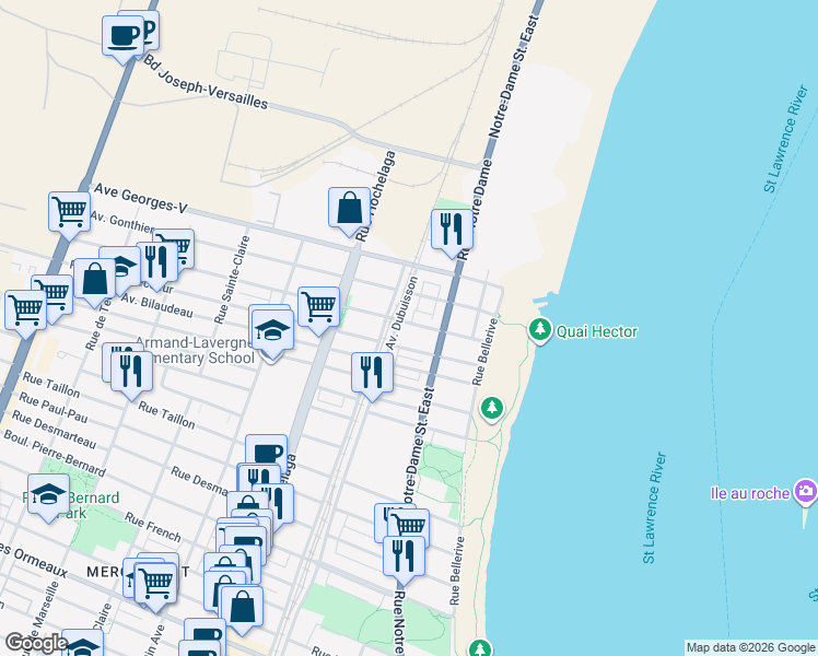 map of restaurants, bars, coffee shops, grocery stores, and more near 566 Avenue Hector in Montréal