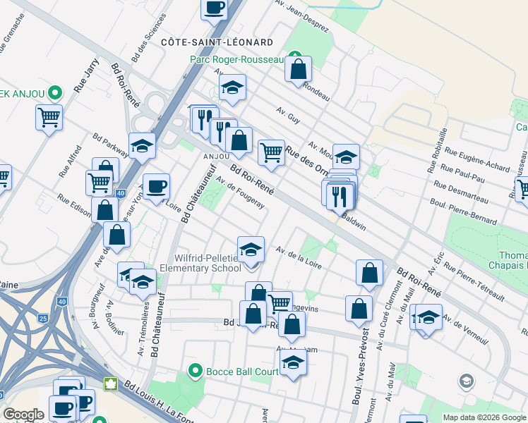 map of restaurants, bars, coffee shops, grocery stores, and more near 7242 Avenue de Fougeray in Montréal