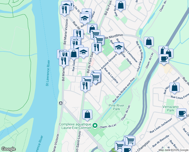 map of restaurants, bars, coffee shops, grocery stores, and more near 109 Rue Pierre Boucher in Boucherville