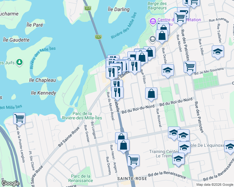 map of restaurants, bars, coffee shops, grocery stores, and more near 112b Boulevard Curé-Labelle in Laval