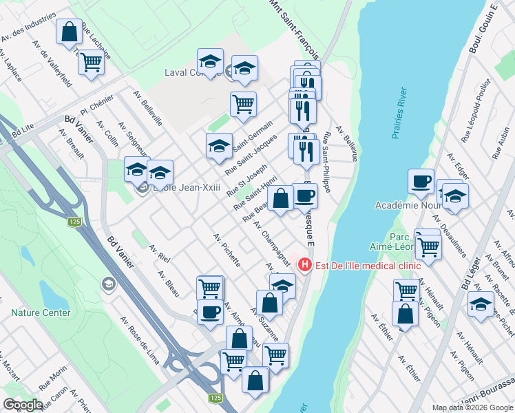 map of restaurants, bars, coffee shops, grocery stores, and more near 4895 Rue Beausoleil in Laval