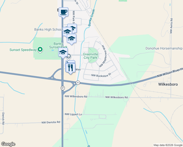 map of restaurants, bars, coffee shops, grocery stores, and more near 42043 Northwest Oak Way in Banks