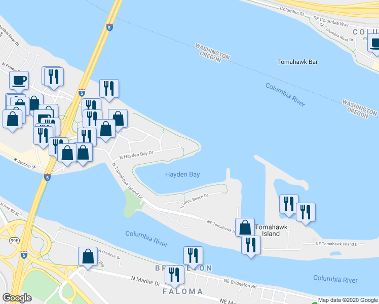 map of restaurants, bars, coffee shops, grocery stores, and more near 170 North Hayden Bay Drive in Portland