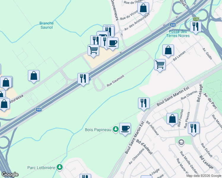 map of restaurants, bars, coffee shops, grocery stores, and more near 3500 Rue Gaumont in Laval