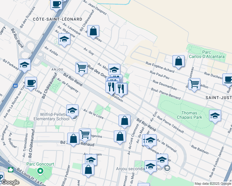 map of restaurants, bars, coffee shops, grocery stores, and more near in Montreal