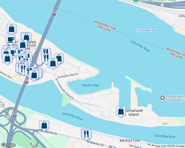 map of restaurants, bars, coffee shops, grocery stores, and more near 178 North Hayden Bay Drive in Portland