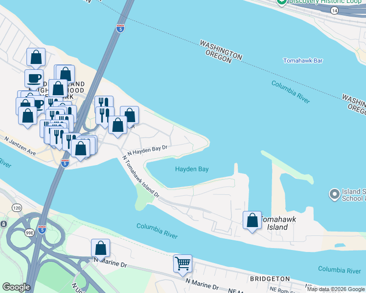 map of restaurants, bars, coffee shops, grocery stores, and more near 224 North Hayden Bay Drive in Portland